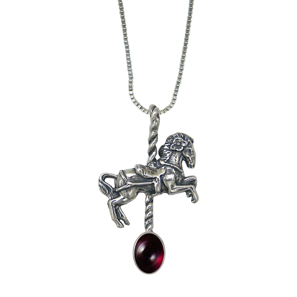Sterling Silver Carousel Horse Pendant With Garnet